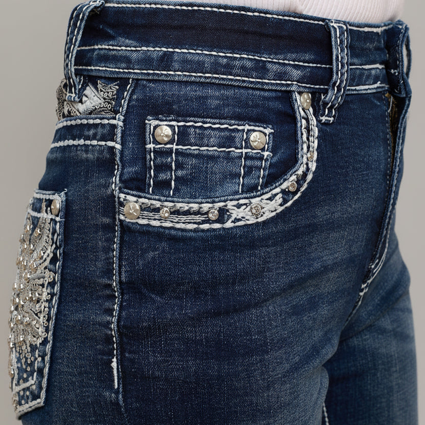 Skull Rider Women’s Music Note & Electric Guitar Bling Jeans. High Waisted Bootcut Western Denim-3