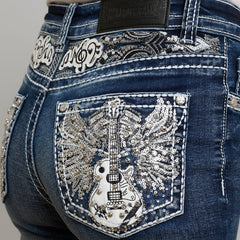 Skull Rider Women’s Music Note & Electric Guitar Bling Jeans. High Waisted Bootcut Western Denim-4