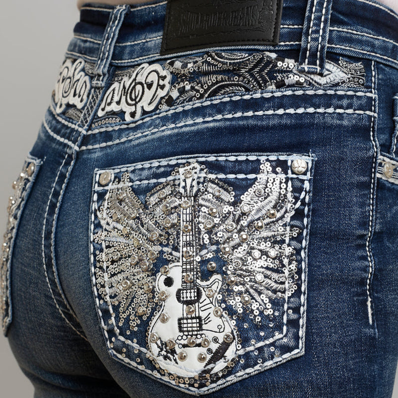 Skull Rider Women’s Music Note & Electric Guitar Bling Jeans. High Waisted Bootcut Western Denim-4