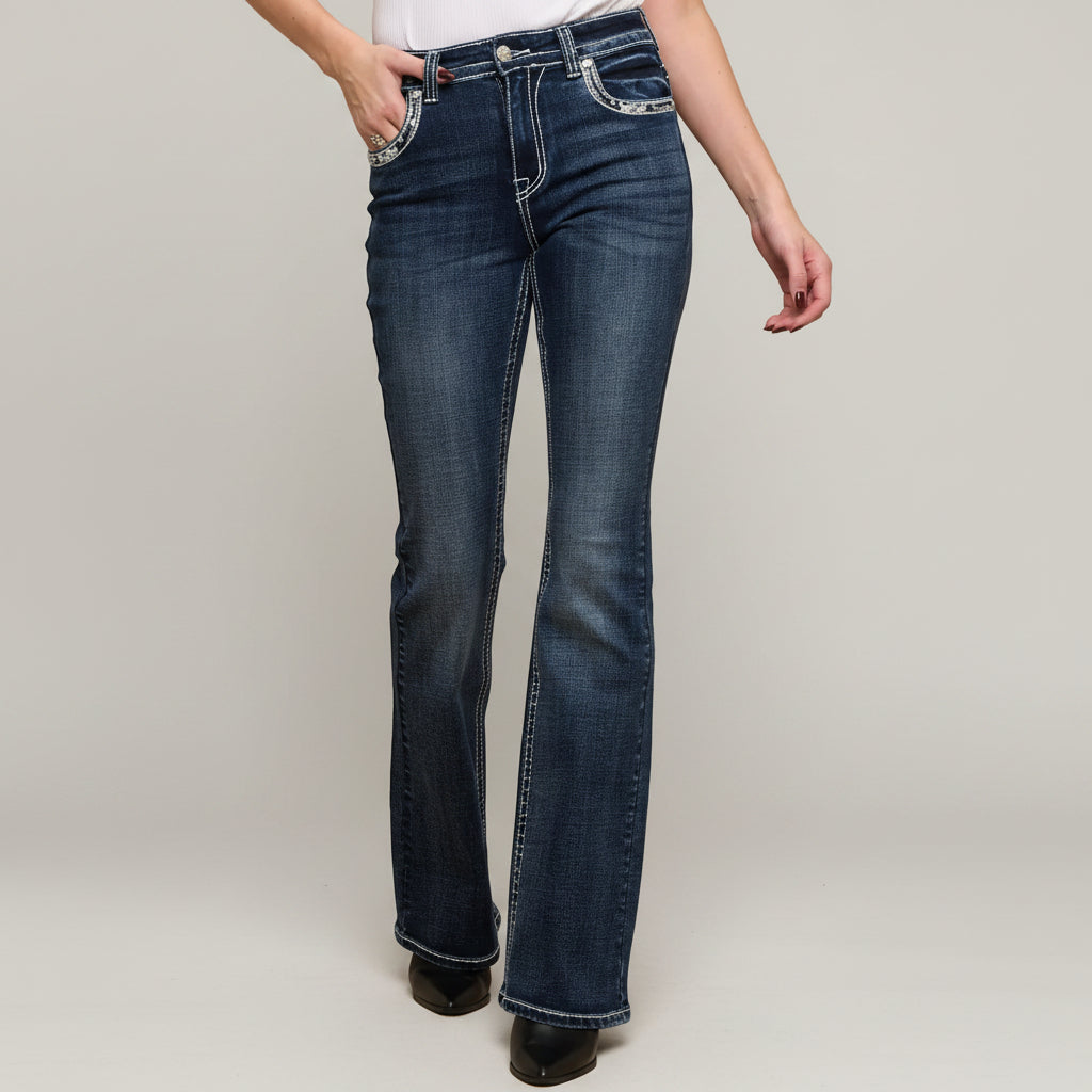Skull Rider Women’s Music Note & Electric Guitar Bling Jeans. High Waisted Bootcut Western Denim-2