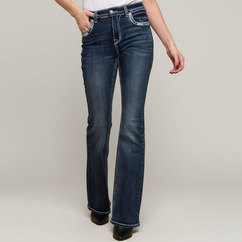 Skull Rider Women’s Music Note & Electric Guitar Bling Jeans. High Waisted Bootcut Western Denim-2
