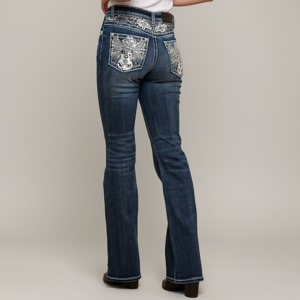 Skull Rider Women’s Music Note & Electric Guitar Bling Jeans. High Waisted Bootcut Western Denim-6