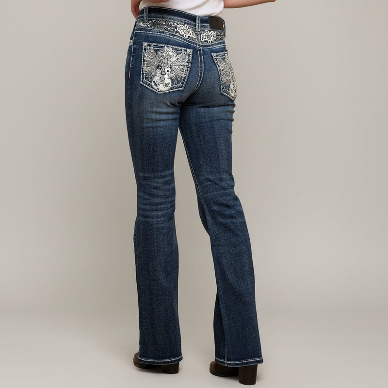 Skull Rider Women’s Music Note & Electric Guitar Bling Jeans. High Waisted Bootcut Western Denim-6