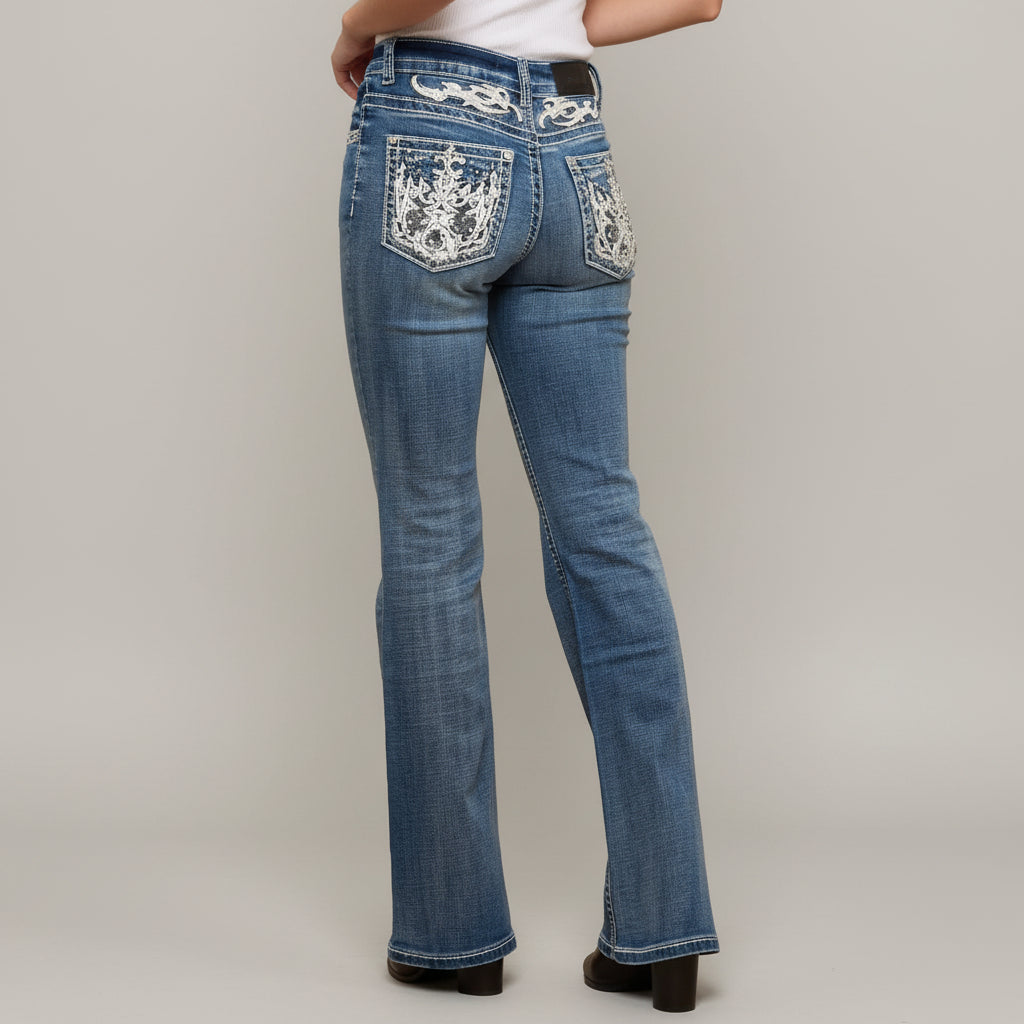 Skull Rider Women's Bootcut Bling Jeans. High Waisted Embroidered Western Denim-6