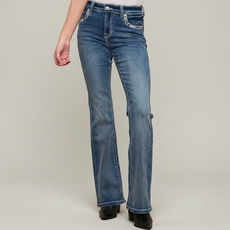 Skull Rider Women's Bootcut Bling Jeans. High Waisted Embroidered Western Denim-2