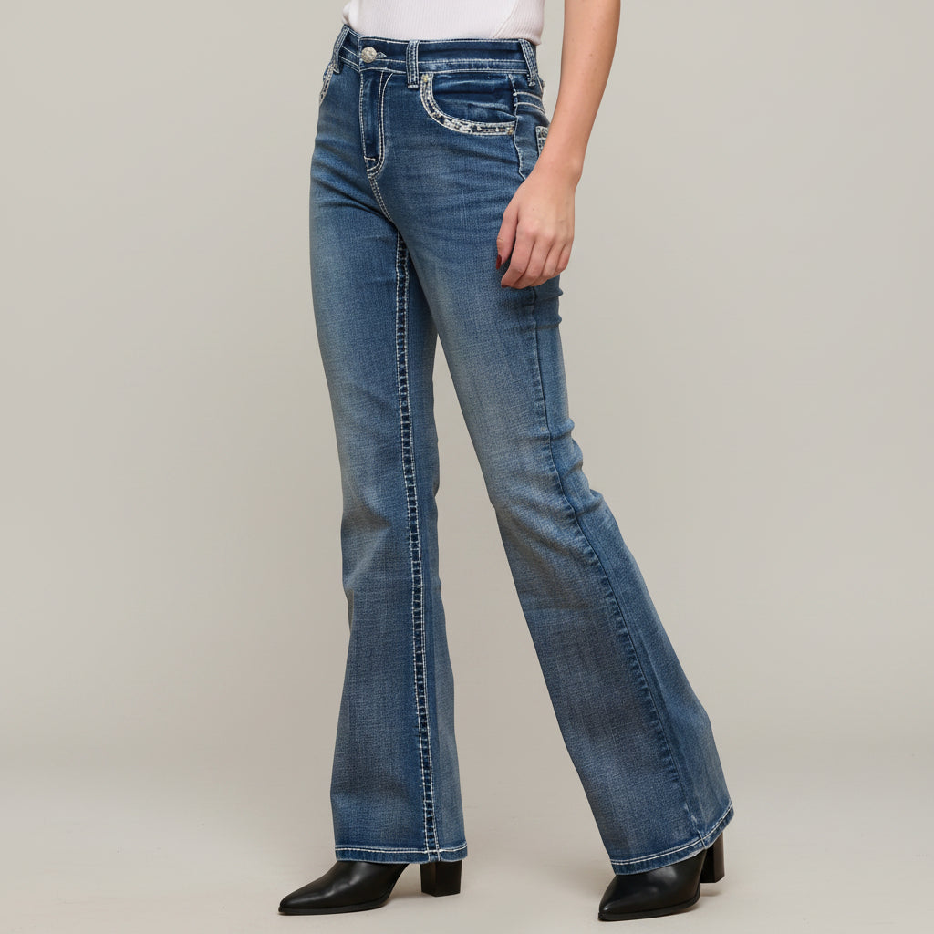 Skull Rider Women's Bootcut Bling Jeans. High Waisted Embroidered Western Denim-5