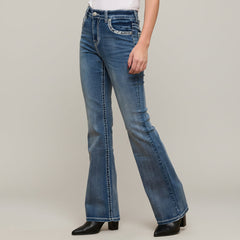 Skull Rider Women's Bootcut Bling Jeans. High Waisted Embroidered Western Denim-5