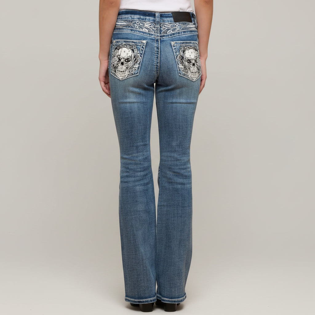 Skull Rider Women’s Skull & Rose Embroidered Bling Jeans. High Waisted Bootcut-1