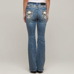 Skull Rider Women’s Skull & Rose Embroidered Bling Jeans. High Waisted Bootcut-1
