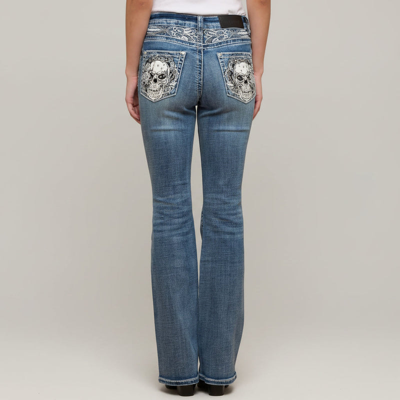 Skull Rider Women’s Skull & Rose Embroidered Bling Jeans. High Waisted Bootcut-1