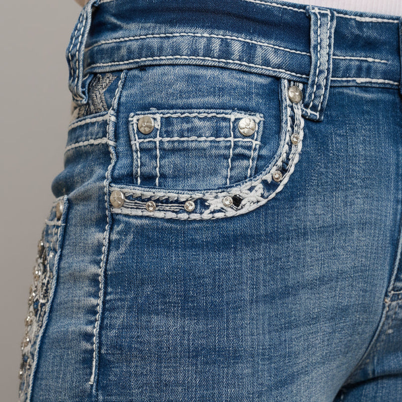 Skull Rider Women’s Skull & Rose Embroidered Bling Jeans. High Waisted Bootcut-3