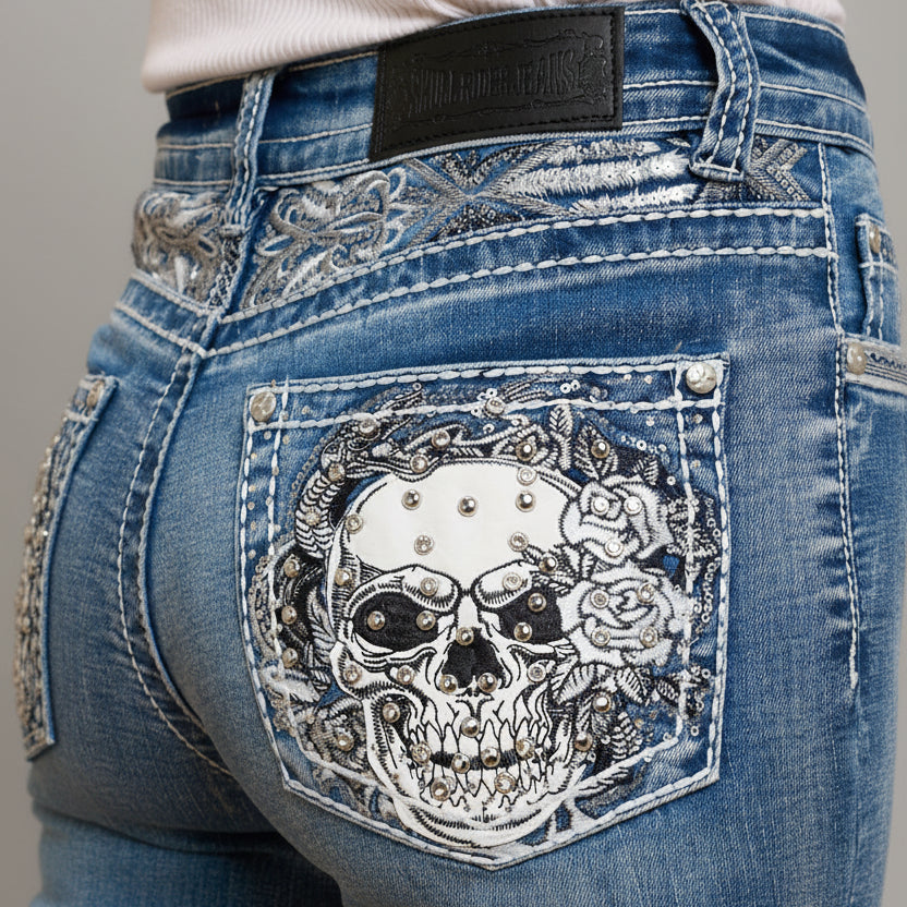 Skull Rider Women’s Skull & Rose Embroidered Bling Jeans. High Waisted Bootcut-4