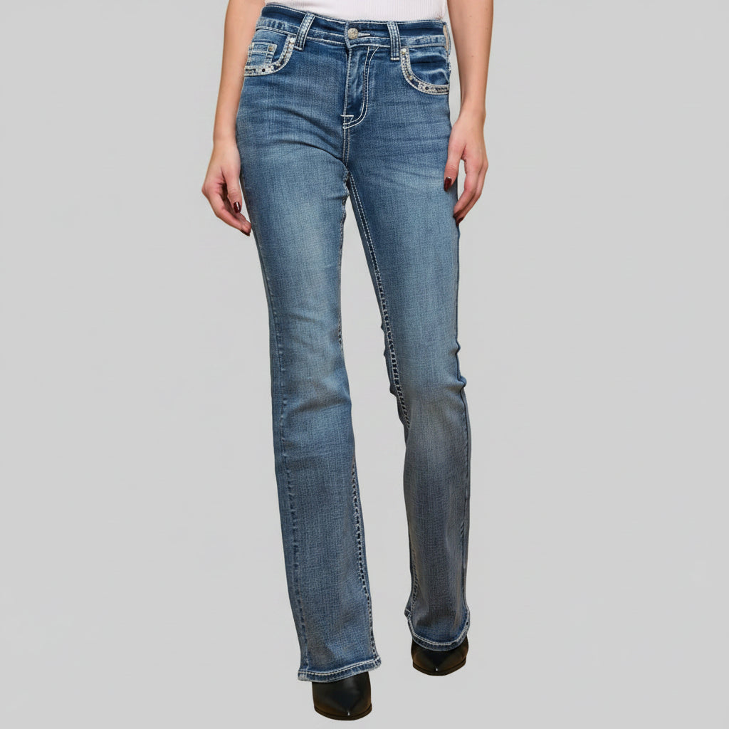 Skull Rider Women’s Skull & Rose Embroidered Bling Jeans. High Waisted Bootcut-2