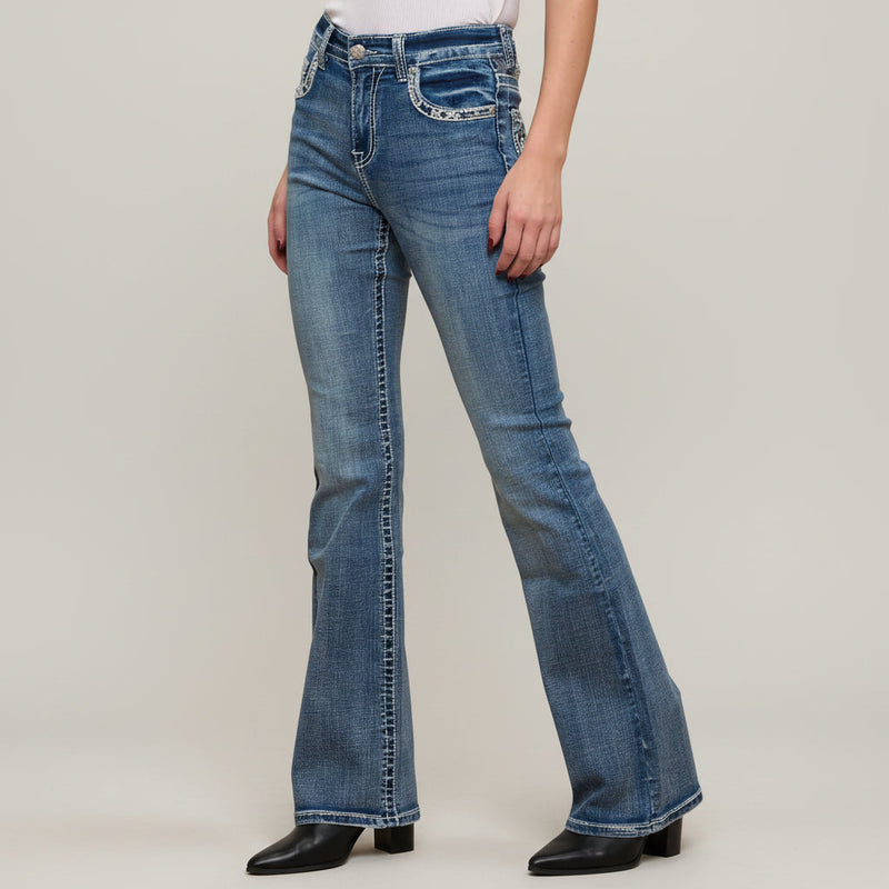 Skull Rider Women’s Skull & Rose Embroidered Bling Jeans. High Waisted Bootcut-5