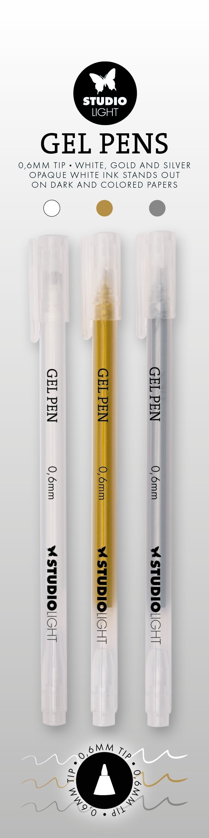 Bolígrafos de gel SL blanco, dorado y plateado 0,6 mm Essentials 8x154x9 mm 3 piezas