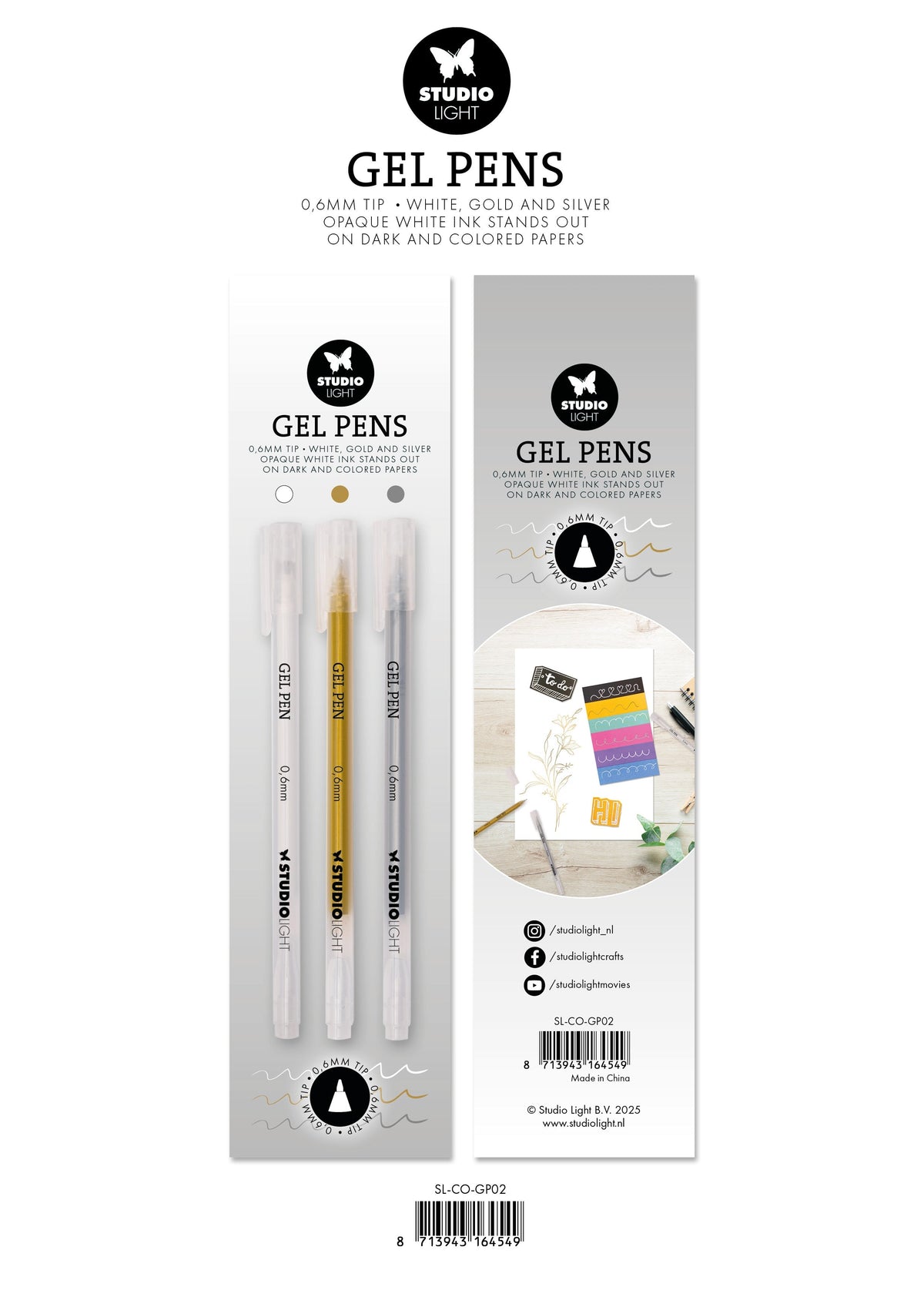 Bolígrafos de gel SL blanco, dorado y plateado 0,6 mm Essentials 8x154x9 mm 3 piezas