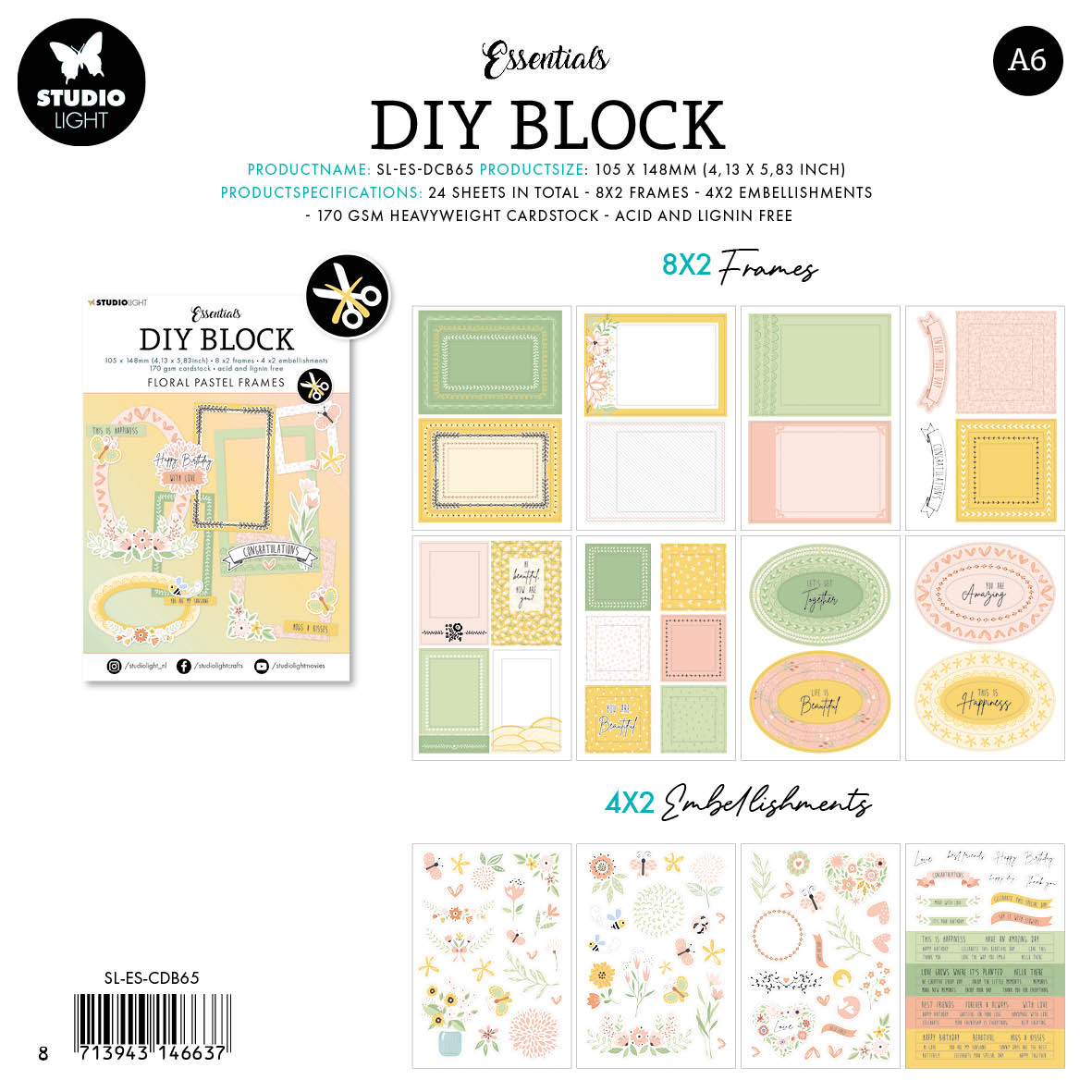 Bloque de troqueles SL Marcos florales en colores pastel Essentials 105x148x3mm 24 hojas n.º 65-2