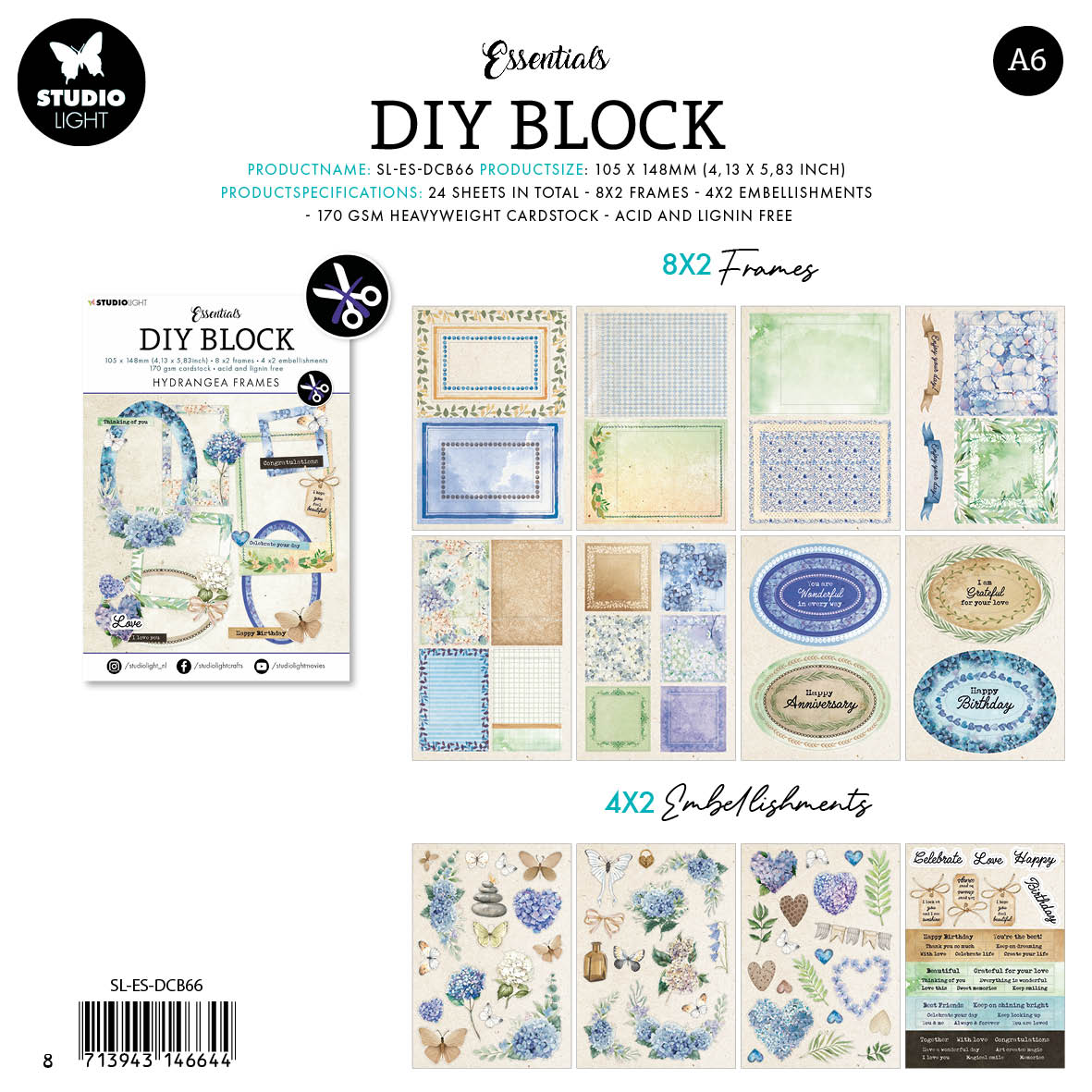 SL Die-Cut Block Hydrangea Frames Essentials 105x148x3mm 24 SH nr.66-2