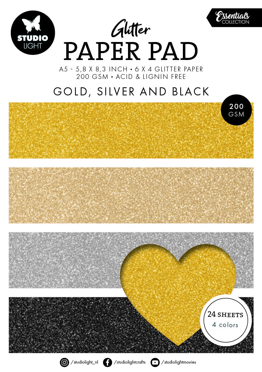 SL Bloc de papier pailleté or, argent et noir, essentiels 24 feuilles