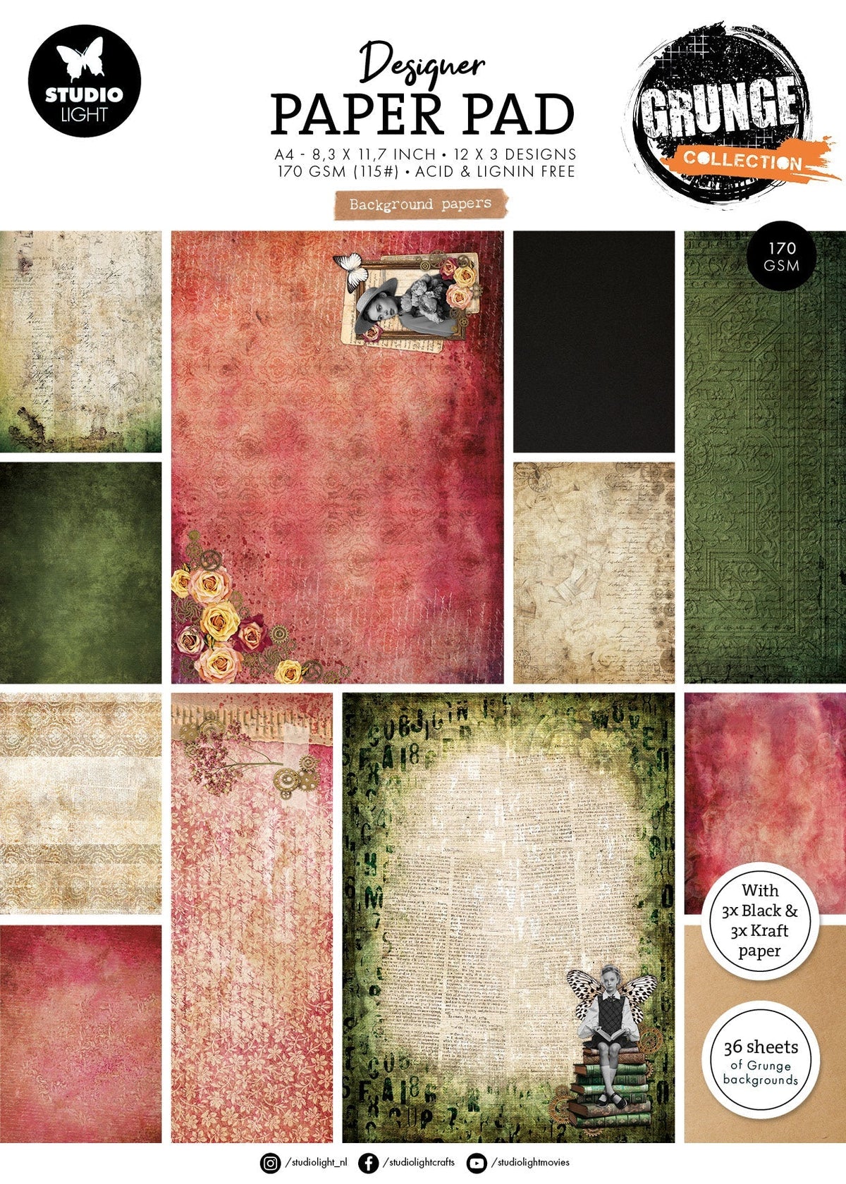 SL Designer Paper Pad Background Papers Grunge Collection 203.2x203.2x9mm 36 Sheets-1