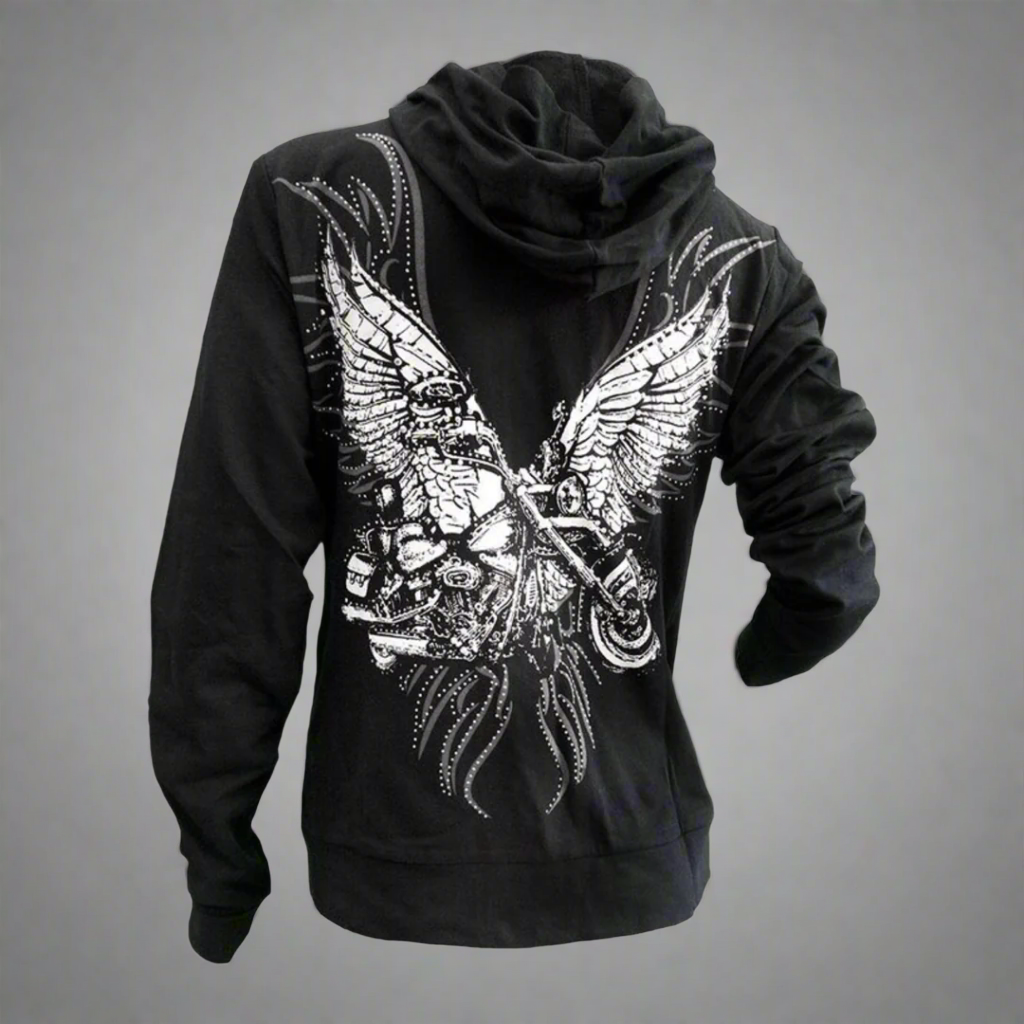Women's Rhinestone Motorcycle Wing Hoodie-2