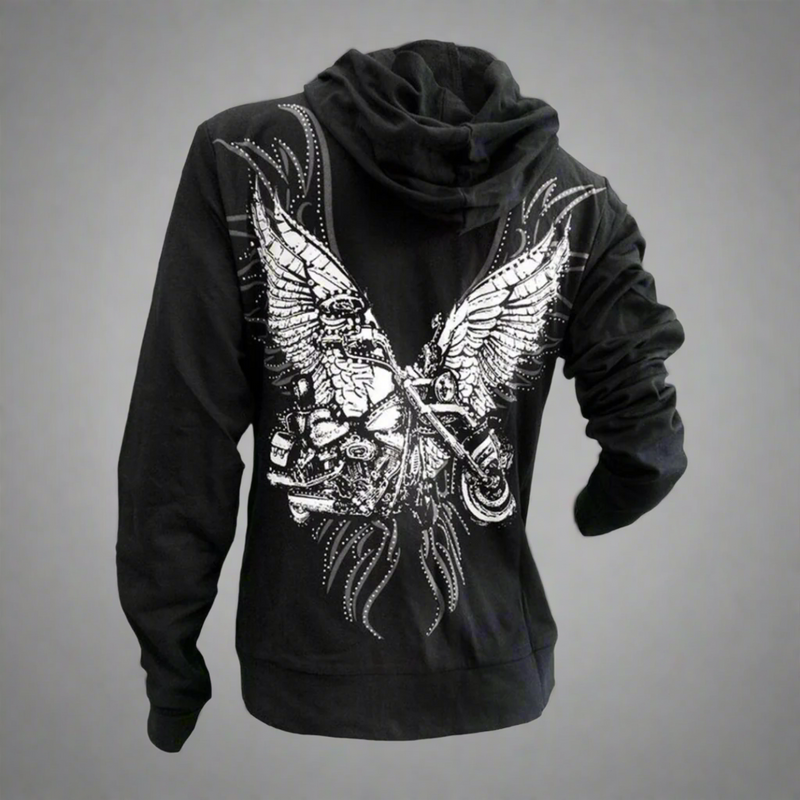 Women's Rhinestone Motorcycle Wing Hoodie-2