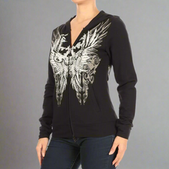 Women's Rhinestone Skull Wing Hoodie-4