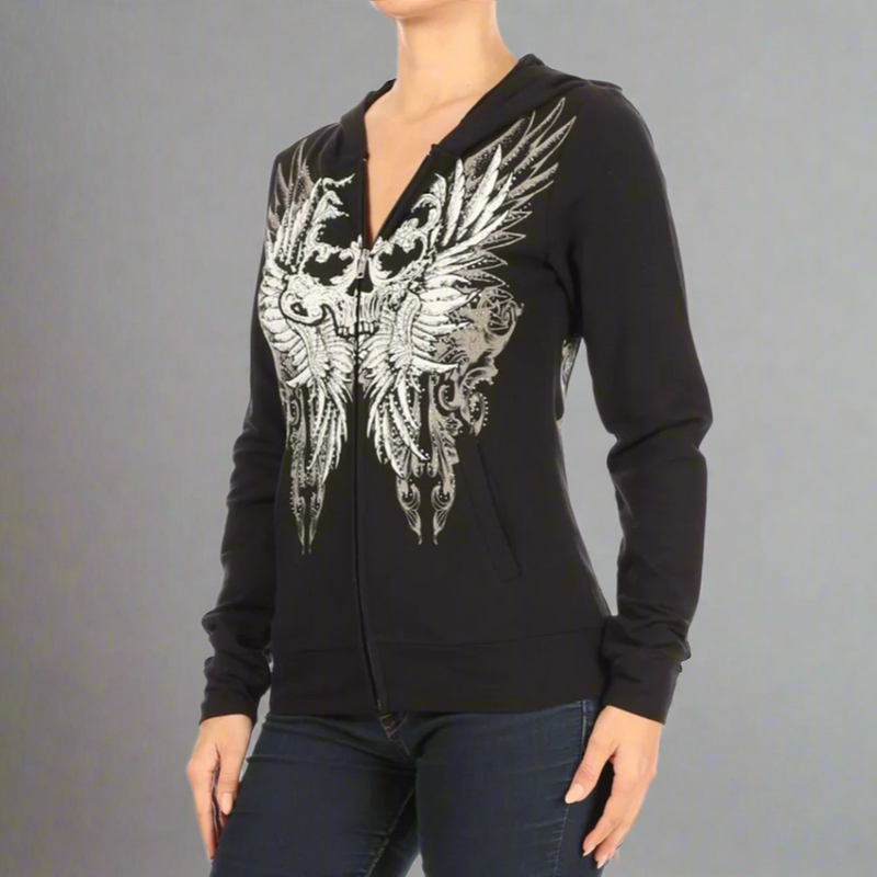 Women's Rhinestone Skull Wing Hoodie-4