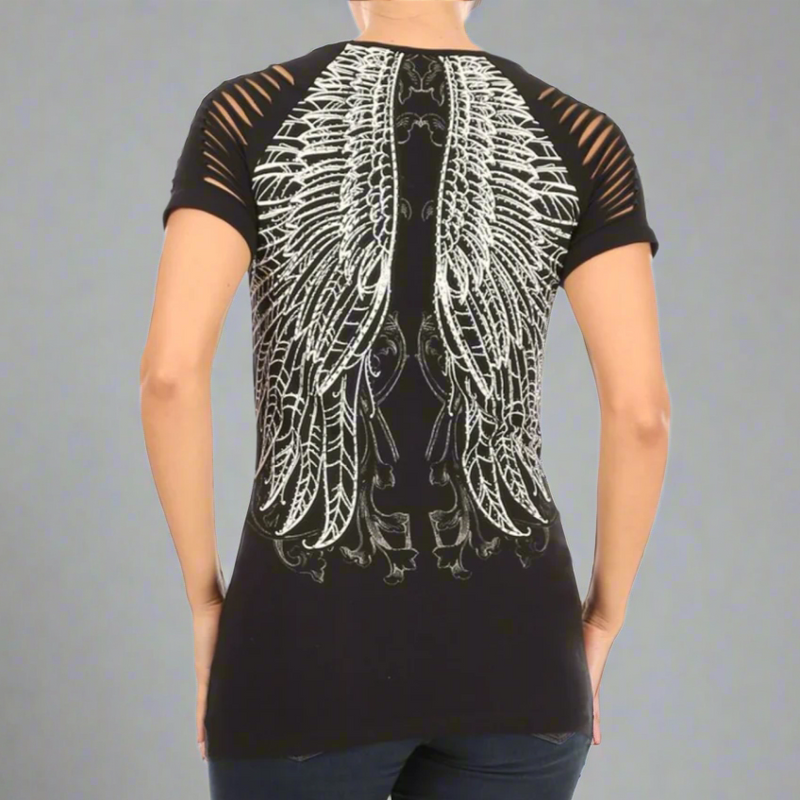 Women's Rhinestone Angel Wing Raglan Top-2
