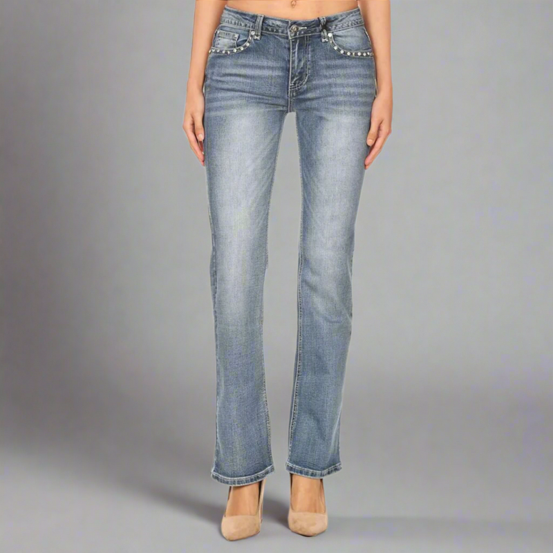 Platinum Plush Women's Rhinestone Skull & Bones Bootcut Jeans-3