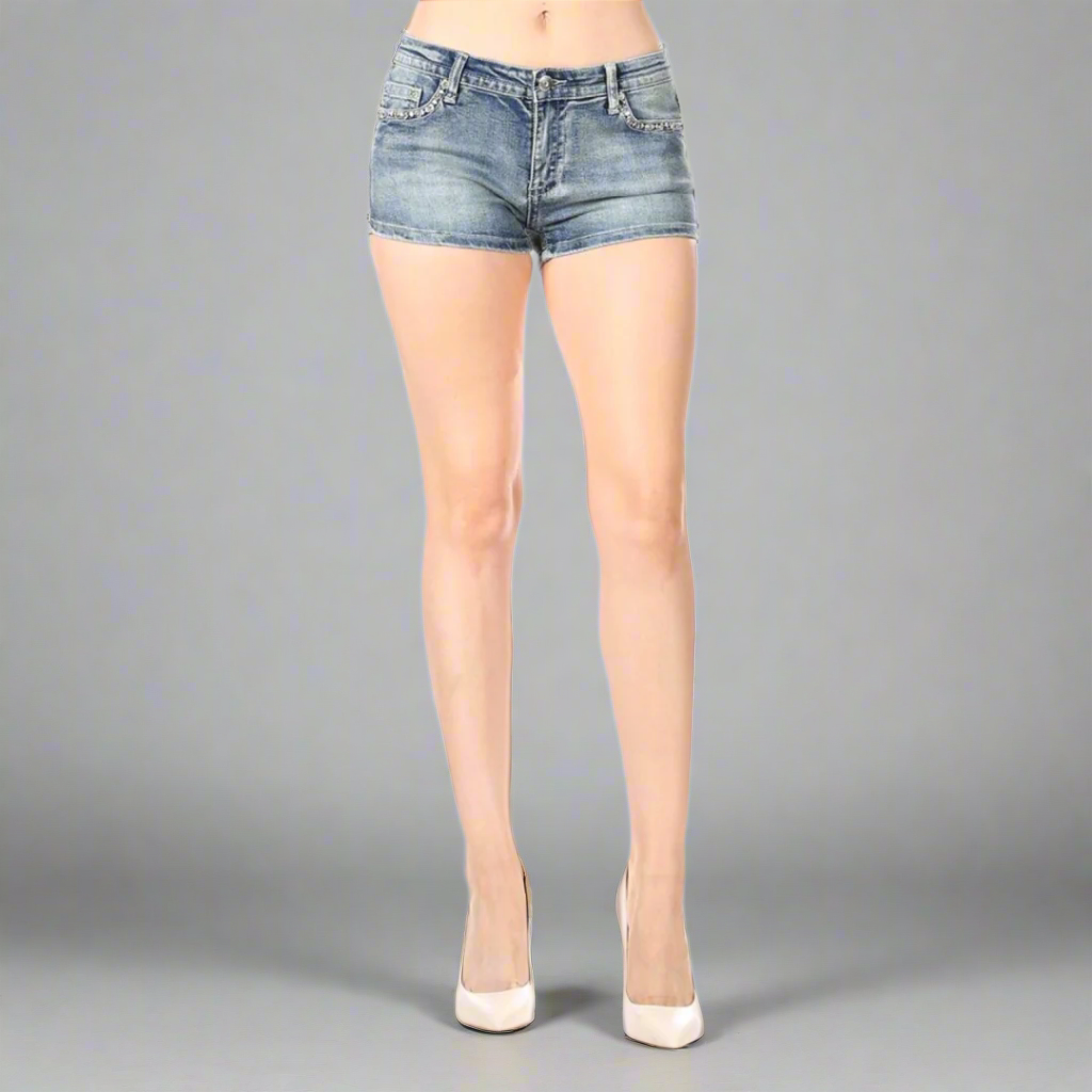 Bus Stop Women's Rhinestone Angel Wing Denim Shorts-3