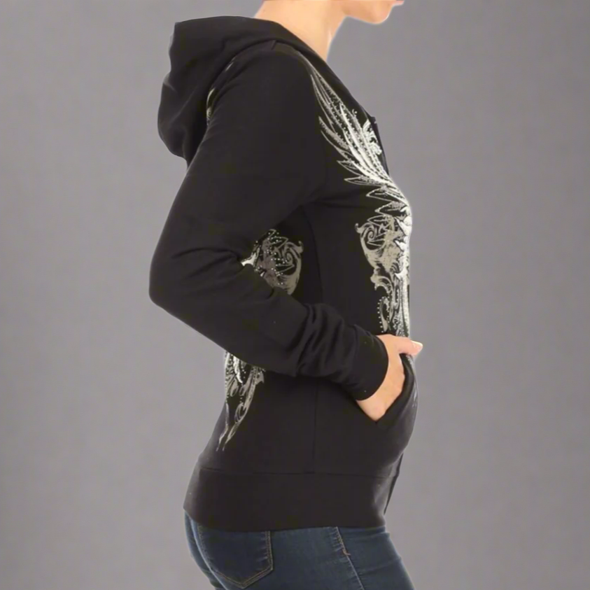 Women's Rhinestone Skull Wing Hoodie-3
