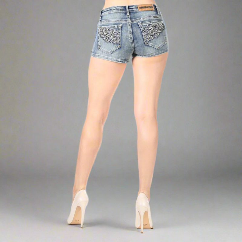 Bus Stop Women's Rhinestone Angel Wing Denim Shorts-5