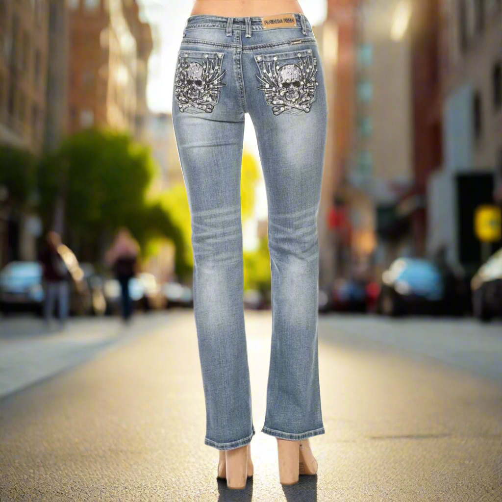 Platinum Plush Women's Rhinestone Skull & Bones Bootcut Jeans-1