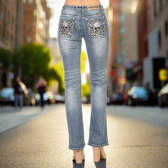 Platinum Plush Women's Rhinestone Skull & Bones Bootcut Jeans-1
