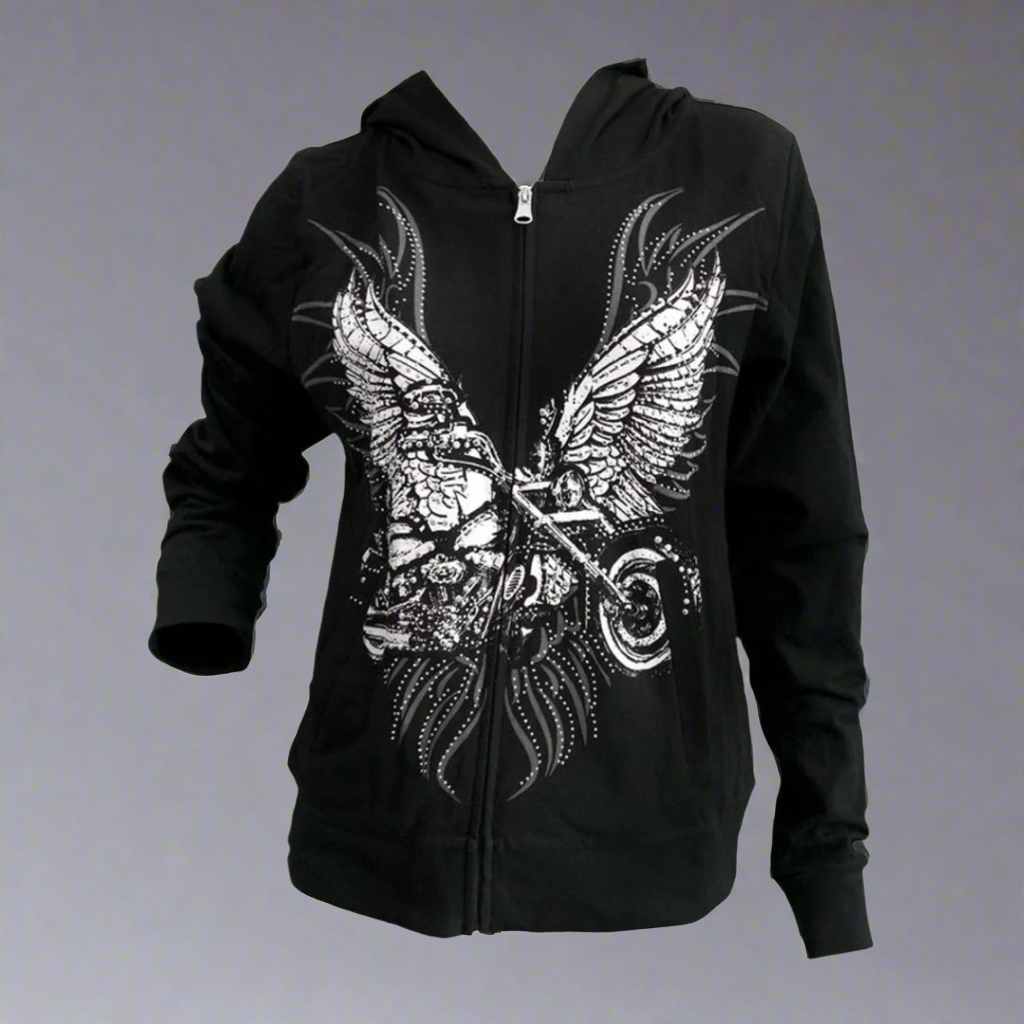 Women's Rhinestone Motorcycle Wing Hoodie-1