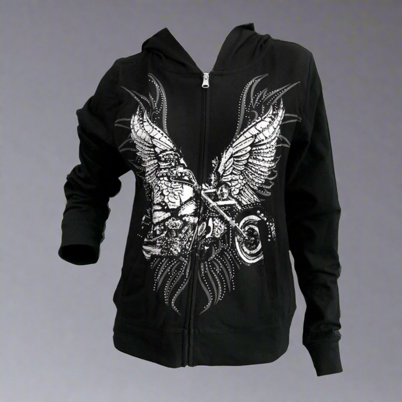 Women's Rhinestone Motorcycle Wing Hoodie-1