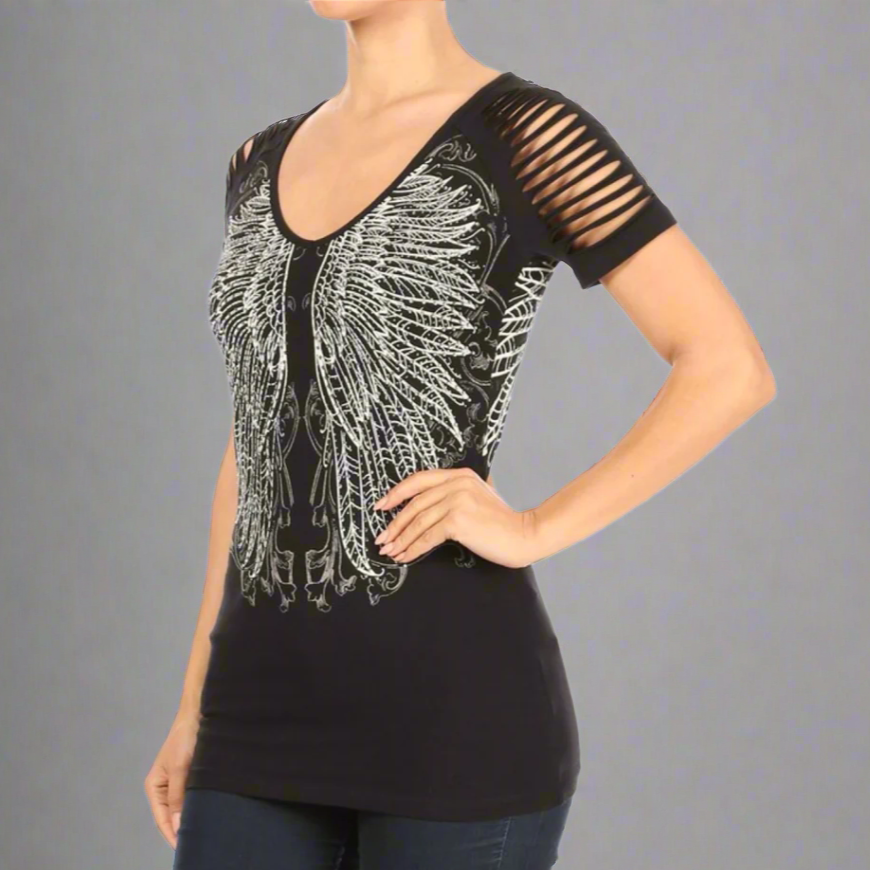 Women's Rhinestone Angel Wing Raglan Top-4