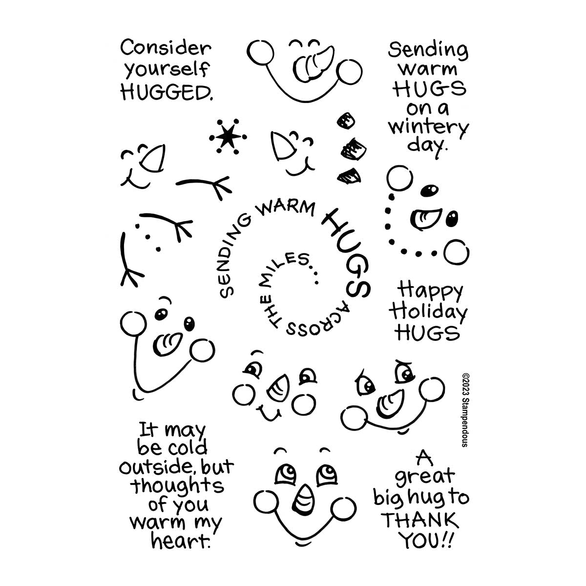 Lot de tampons transparents Bonhomme de neige étreint, visages et sentiments de la collection Holiday Hugs par Stampendous-3