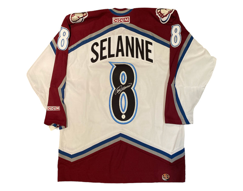 Camiseta réplica CCM blanca de visitante de los Colorado Avalanche autografiada por Teemu Selanne-1