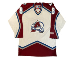 Camiseta réplica CCM blanca de visitante de los Colorado Avalanche autografiada por Teemu Selanne-3