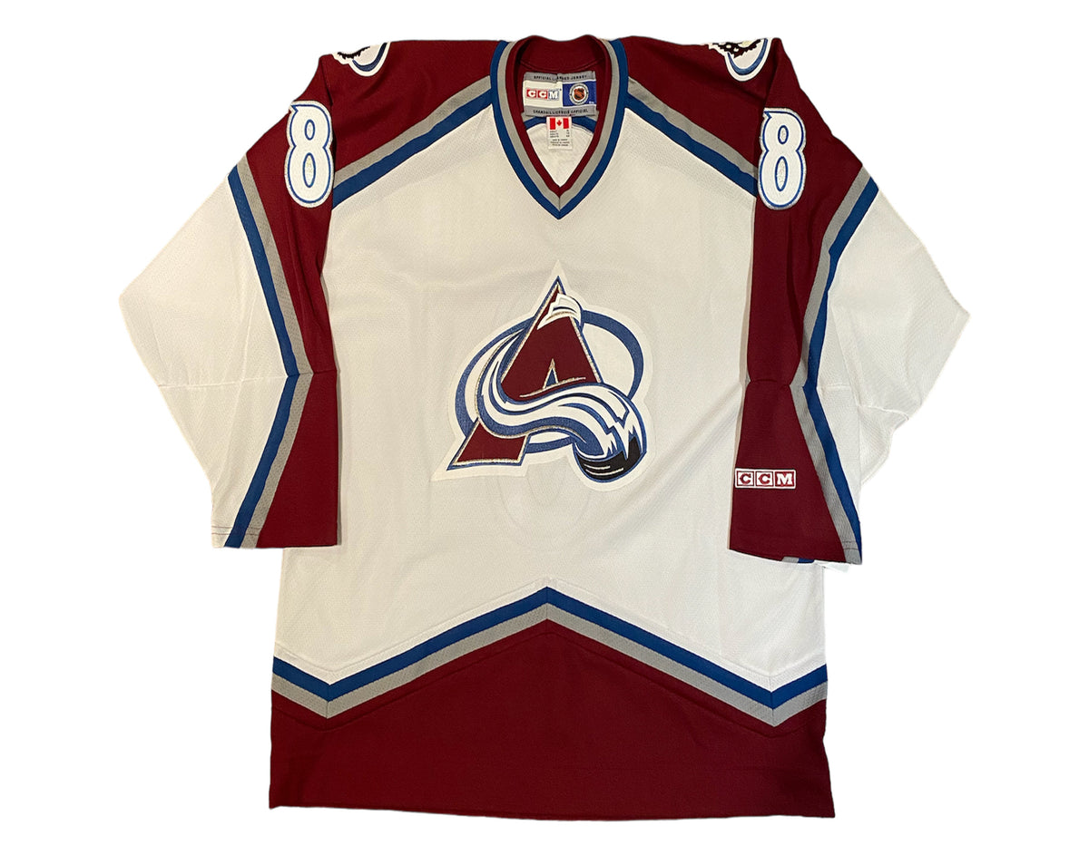 Camiseta réplica CCM blanca de visitante de los Colorado Avalanche autografiada por Teemu Selanne-3