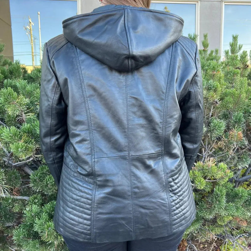 Women's Plus Size Sheep Leather Jacket with Removable Hood-2