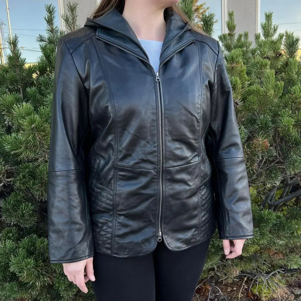 Women's Plus Size Sheep Leather Jacket with Removable Hood-4