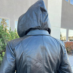 Women's Plus Size Sheep Leather Jacket with Removable Hood-6