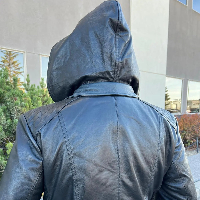 Women's Plus Size Sheep Leather Jacket with Removable Hood-6