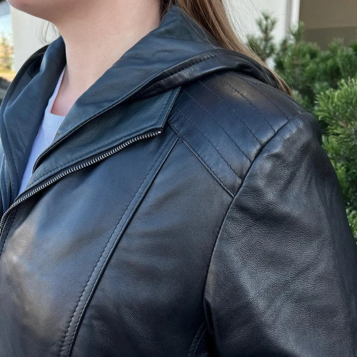 Women's Plus Size Sheep Leather Jacket with Removable Hood-7