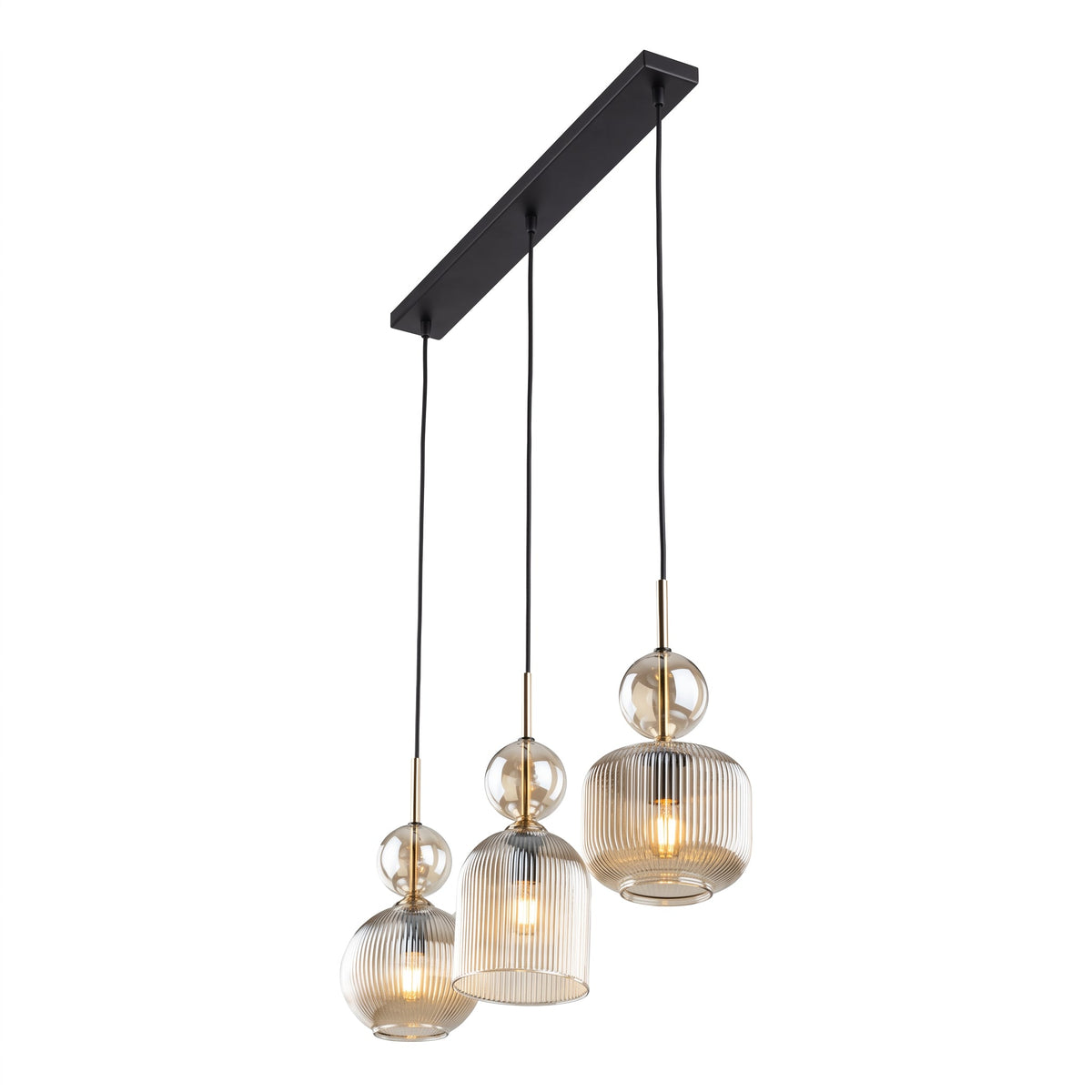 SOPHIA Cognac Ribbed Glass 3-Light Linear Pendant for Dining, Living Room & Kitchen-5