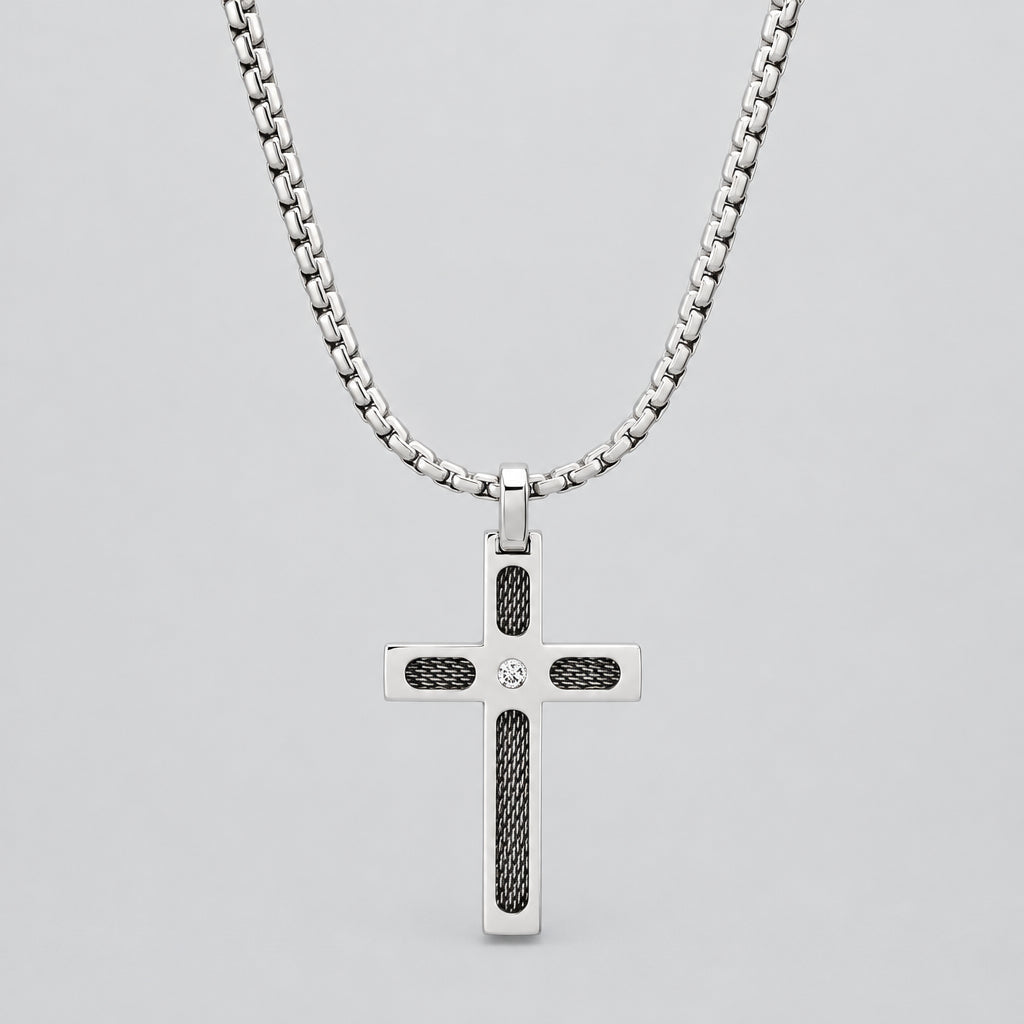 Steeltime Men's Diamond Cross Pendant Necklace | Stainless Steel