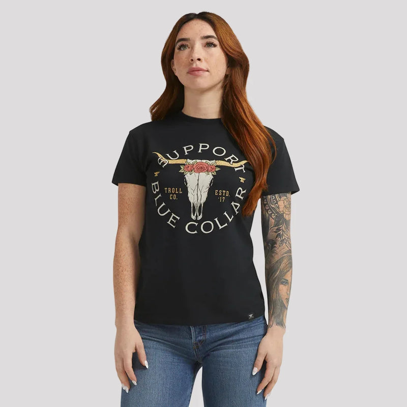 DHCM Women’s Support Blue Collar Longhorn T-Shirt. SBC Graphic Tee-1